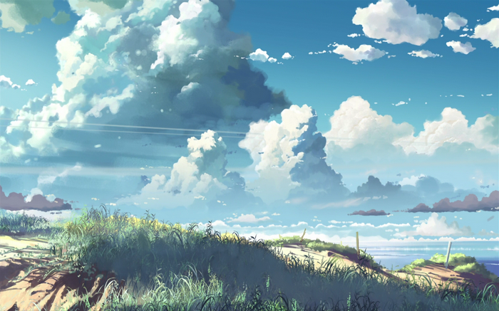 Artwork of clouds and a grassy landscape