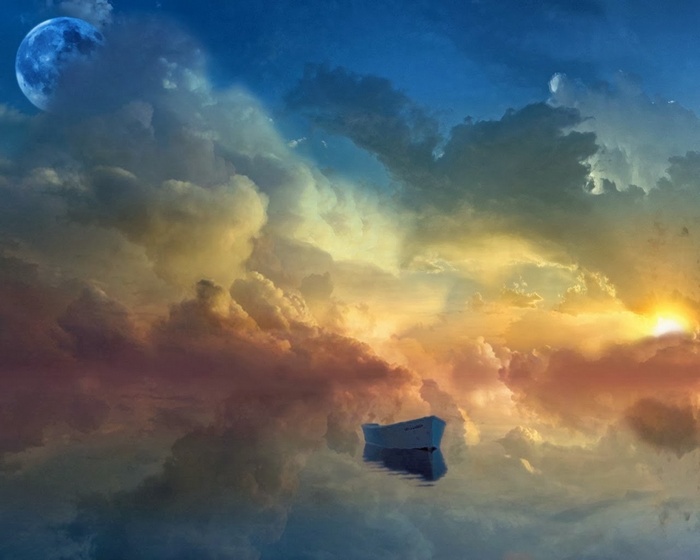 A rowboat floats on a reflective surface under a blue moon and clouds.