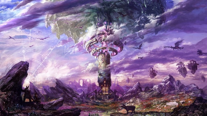 Tera Online Fantasy Art with Floating Islands and Dragons