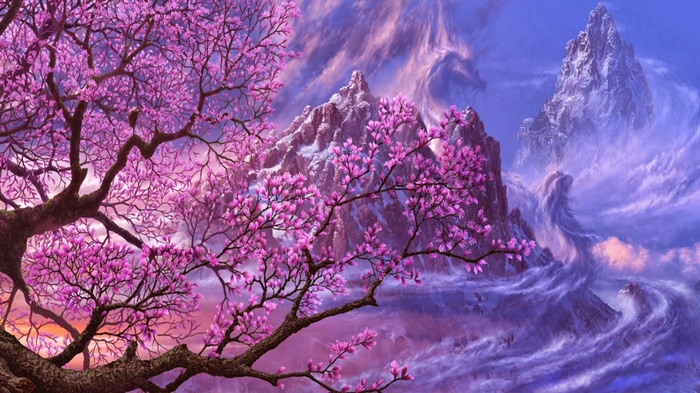 Fantasy art of mountains and cherry blossom trees