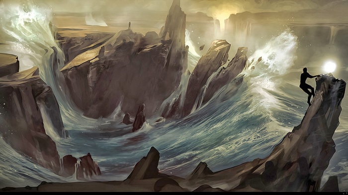 Fantasy art of a person climbing a rock in rough seas