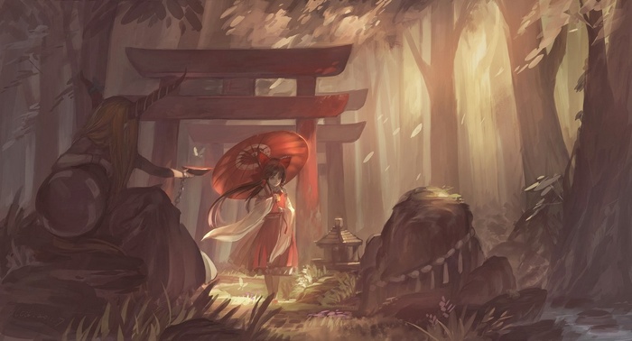 Touhou: Miko and Torii in a Sunlit Forest