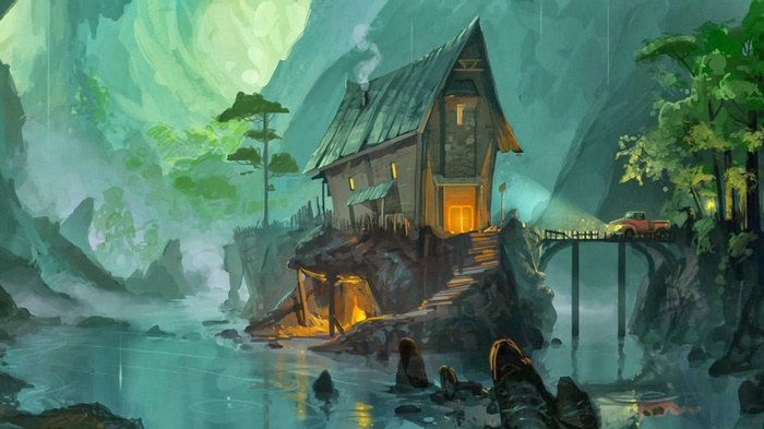 Fantasy art of a house on a cliff by a river