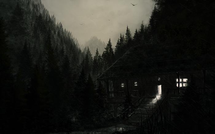Spooky house in a dark forest with birds