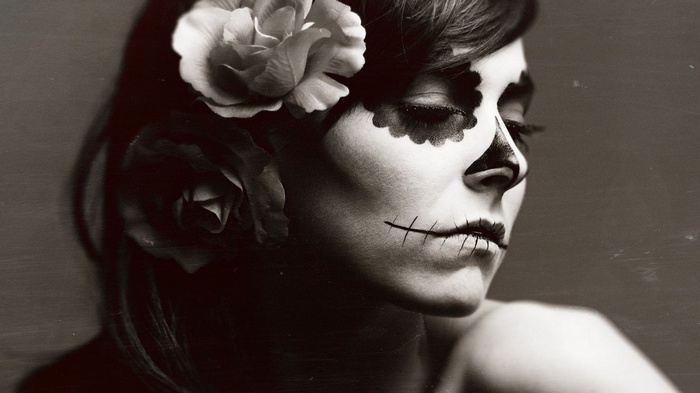 Dia de los Muertos flower in hair women Sugar Skull sepia face model