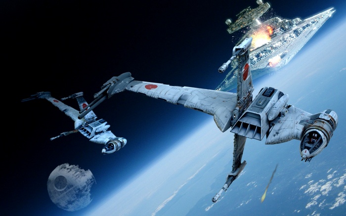 Star Wars B-wing fighters attack a Star Destroyer near the Death Star