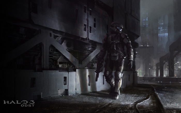 Halo 3: ODST soldier walks through industrial area