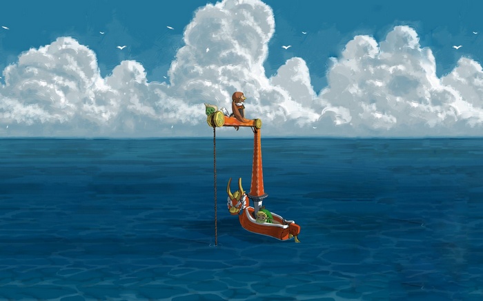 Link and a monkey on a boat in the ocean