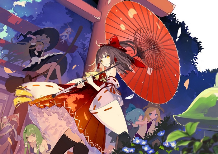 Anime girls with umbrella and witches in a shrine