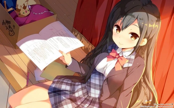 Nanase Sena in a school uniform with a script