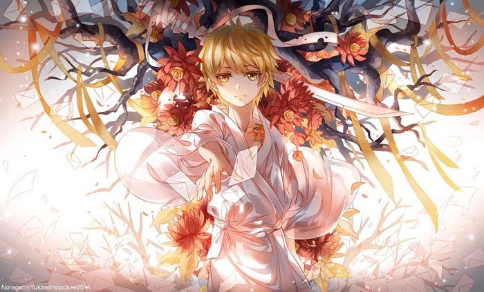 Noragami anime boy with sword and flowers