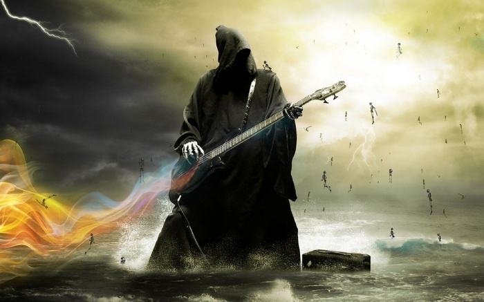 Grim Reaper Playing Bass Guitar in a Stormy Sea