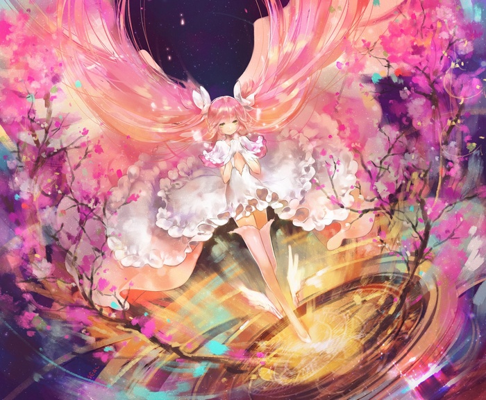 Madoka Kaname with pink hair and cherry blossoms