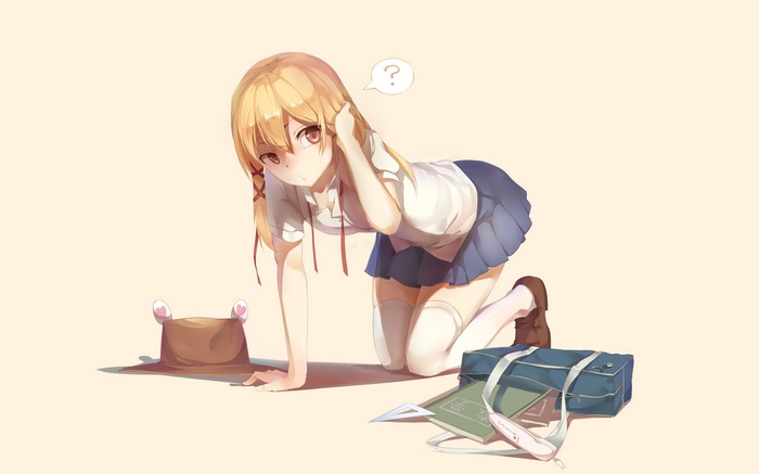 Anime girl in school uniform with a hat and bag