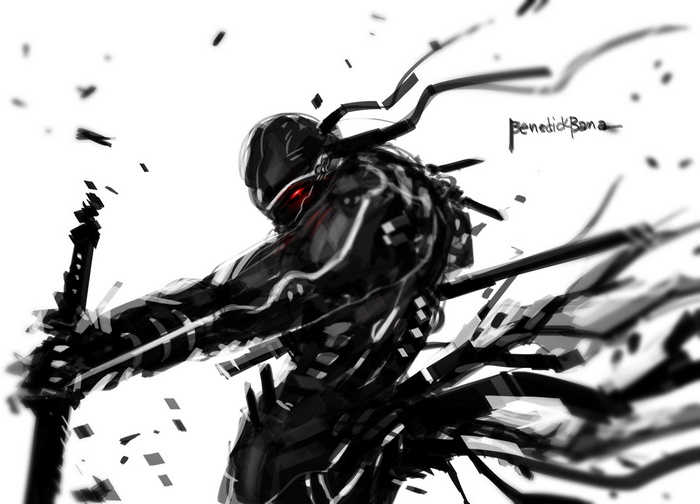 Cyborg soldier with glowing red eyes and swords