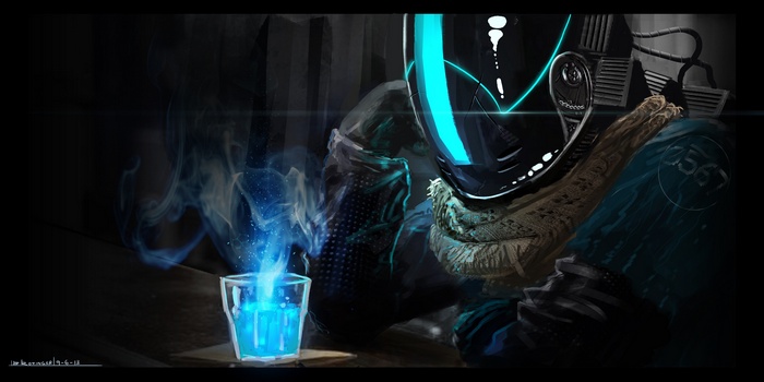Cyborg with a glowing blue drink in a bar