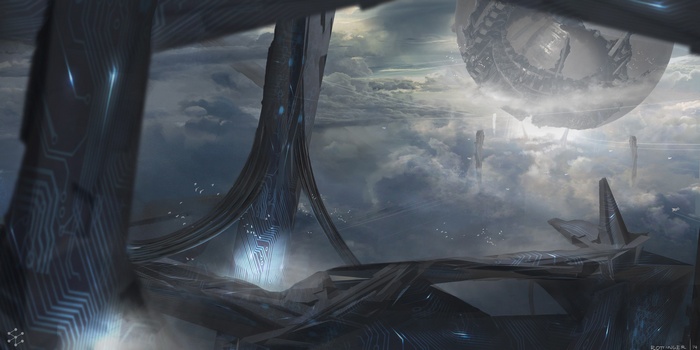 Futuristic city structures in the clouds with a large orbital station