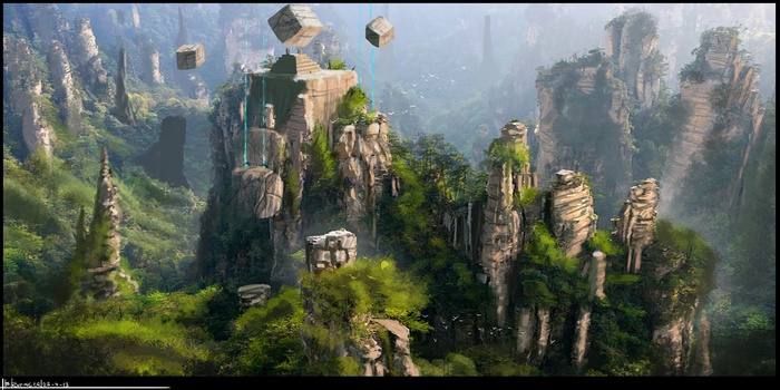 Fantasy landscape with floating islands and ancient ruins