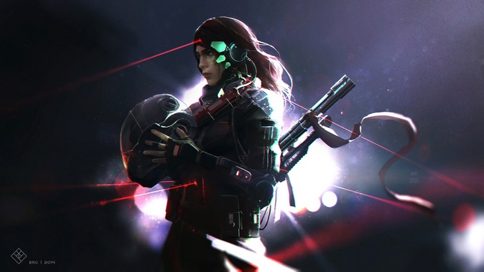 Redhead cyborg warrior with futuristic rifle