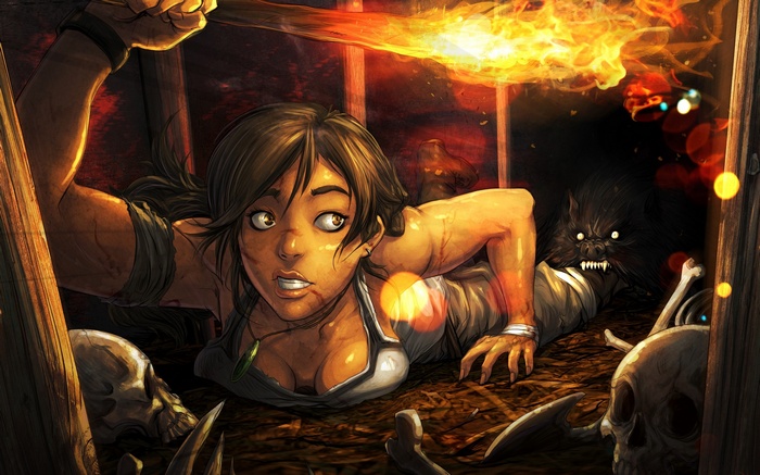 Lara Croft in a dark cave with a werewolf