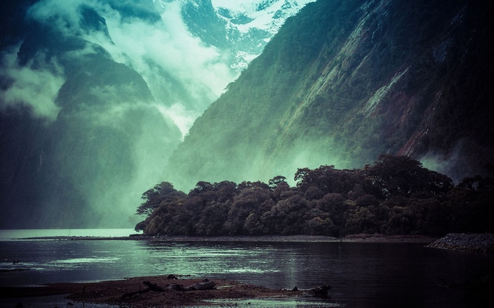 Misty mountains and forest by the water in New Zealand