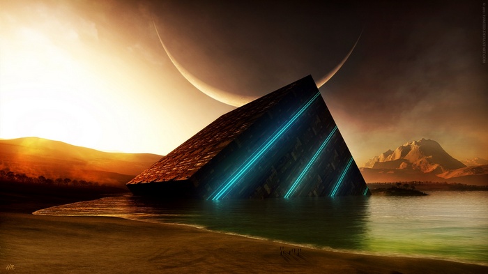 Alien Pyramid with Blue Lights on a Watery Planet