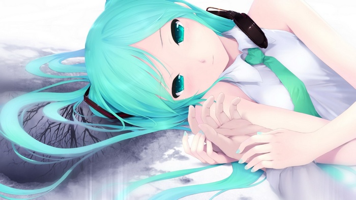 Hatsune Miku lying down with her hands clasped