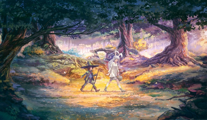 Anime characters walking in a magical forest