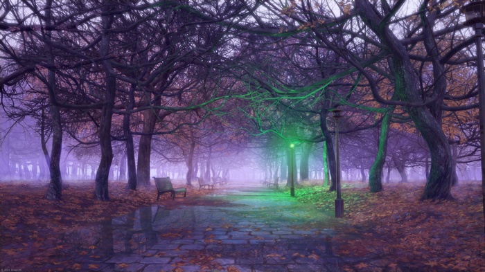 Park path with trees, benches, and a lantern