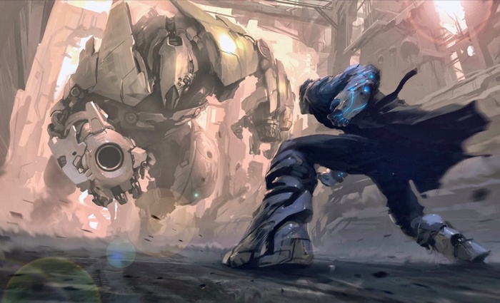 Man in futuristic armor fights a large robot