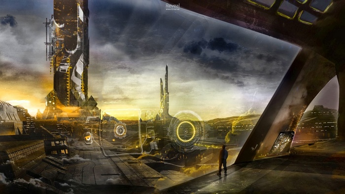 Futuristic city with a lone figure overlooking the landscape
