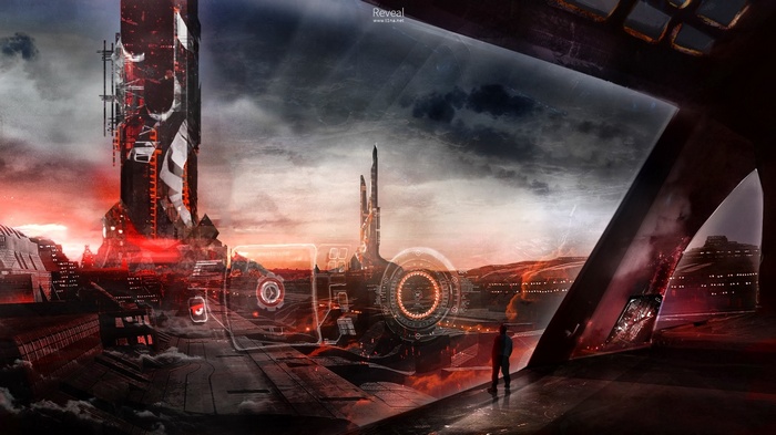 Futuristic city with glowing towers and a lone figure