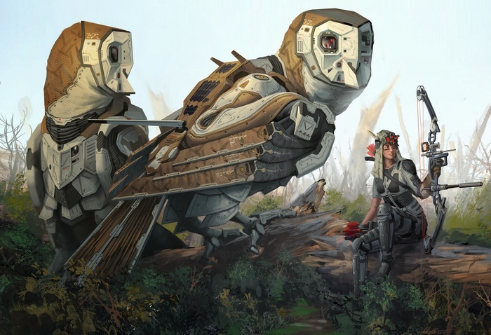 Futuristic robot owl and archer in a forest