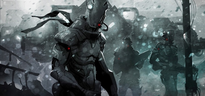 Robotic soldiers in a snowy, war-torn city