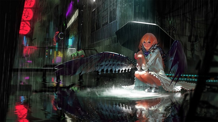 Anime girl with wings in the rain at night