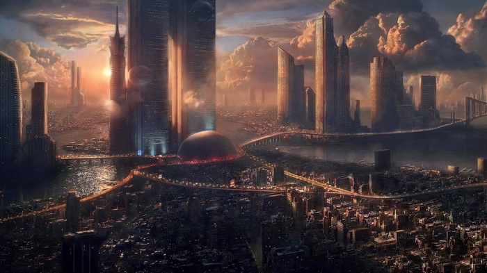 Futuristic city with towering skyscrapers and bridges