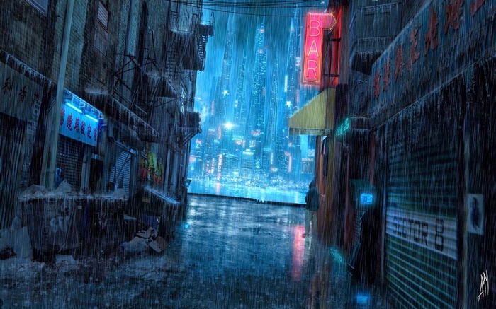 Futuristic city alley in the rain at night