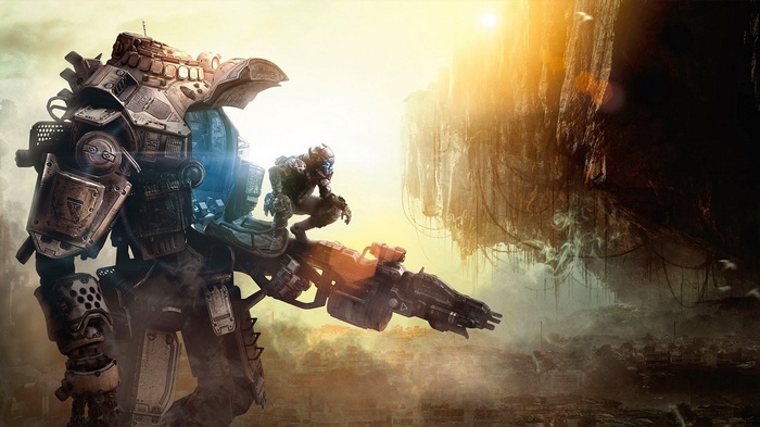 Titanfall robot and pilot in a desolate landscape