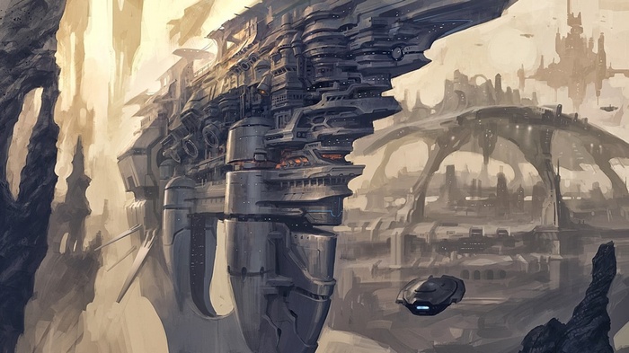 Futuristic city artwork with aircraft