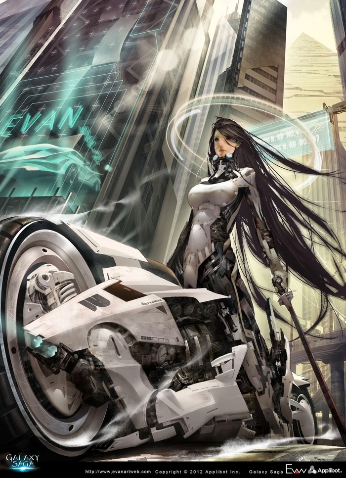 Anime girl with futuristic motorcycle in city