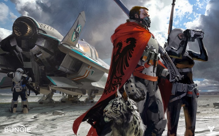 Destiny concept art with characters and spaceship