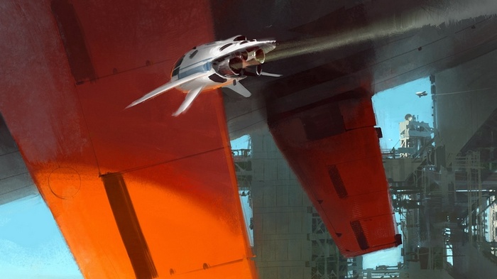 Futuristic spaceship near a large structure