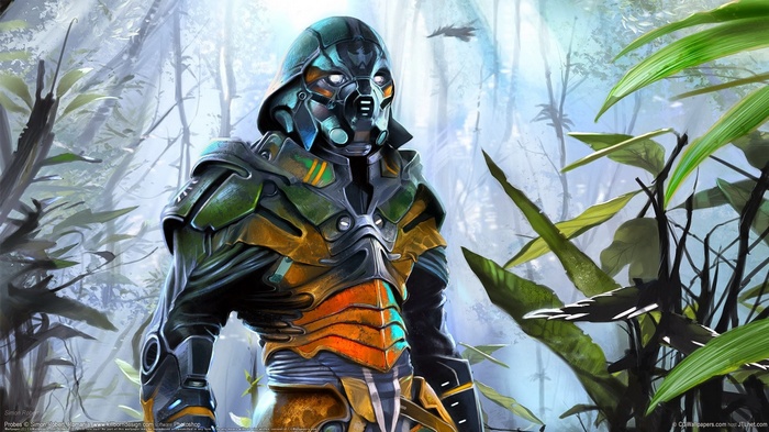 Fantasy warrior in futuristic armor in a jungle