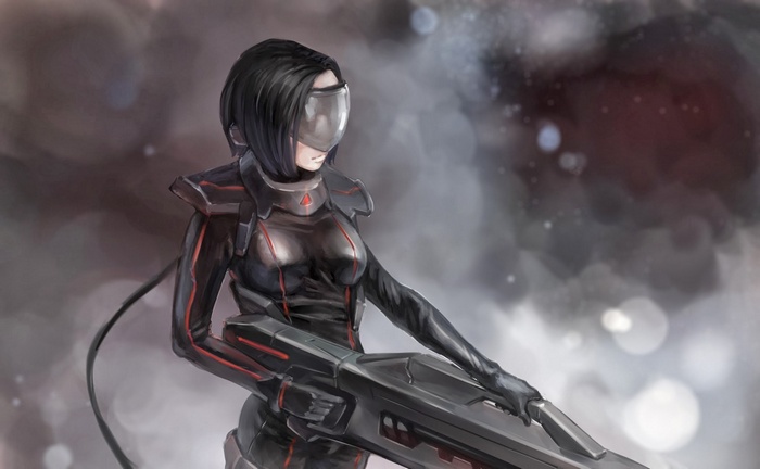 Woman in cyberpunk armor holding a large weapon