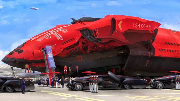 Red spaceship with LSH 00-05 marking and futuristic cars