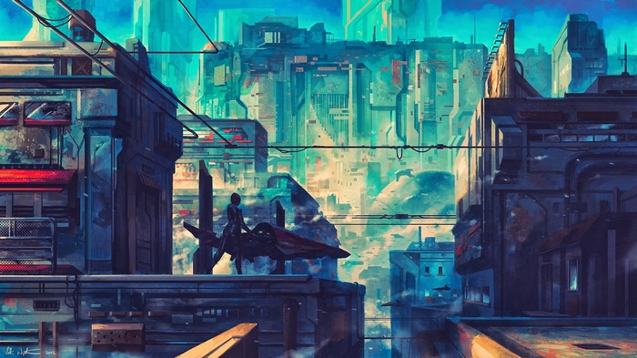 Futuristic city with a person on a hovercraft