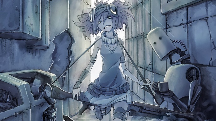 Anime girl with goggles and a robot