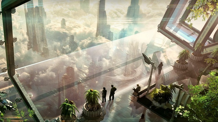 Futuristic cityscape viewed from a greenhouse