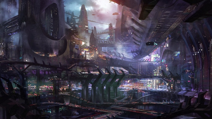 Futuristic science fiction city with flying vehicles