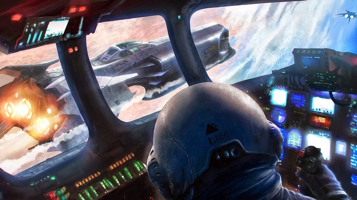 Spaceship cockpit view with pilot and other spacecraft
